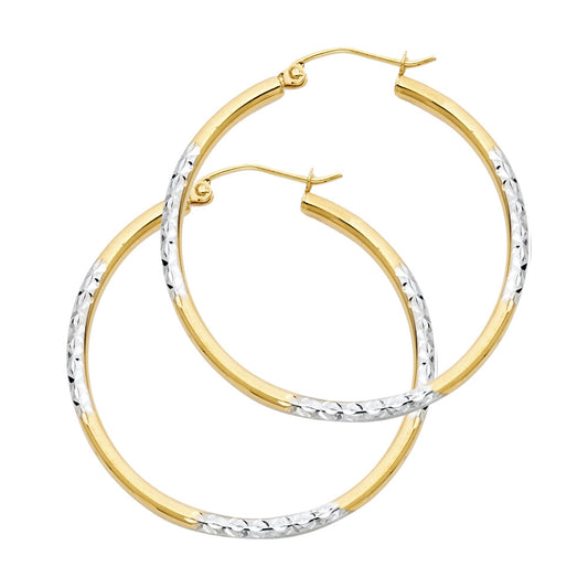 14k Two-Color Gold Simple Hoop Hinge Circle Round Stripe Earrings