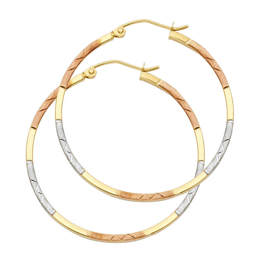 14k Tri-Color Gold Modern Hoop Stripe Zig Zag Pattern Classic Earrings