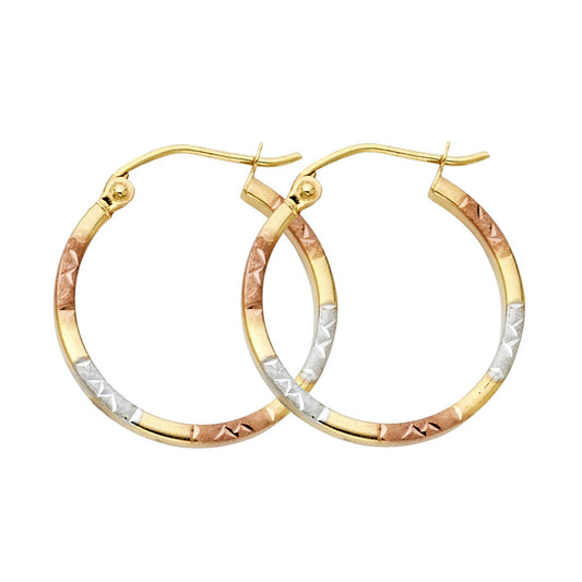 14k Tri-Color Gold Hoop Zig Zag Pattern Stripe Classic Earrings