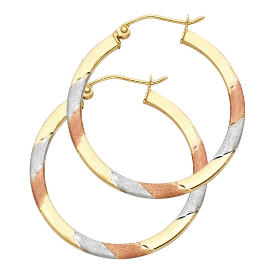 14k Tri-Color Gold Elegant Spiral Stripe Hoop Hinge Clasp Elegant Earrings