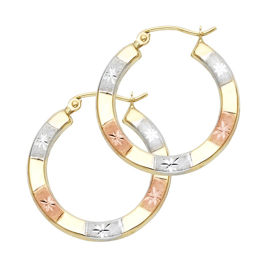 14k Tri-Color Gold Funky Snowflake Hoop Diamond-Cut Star Circle Earrings