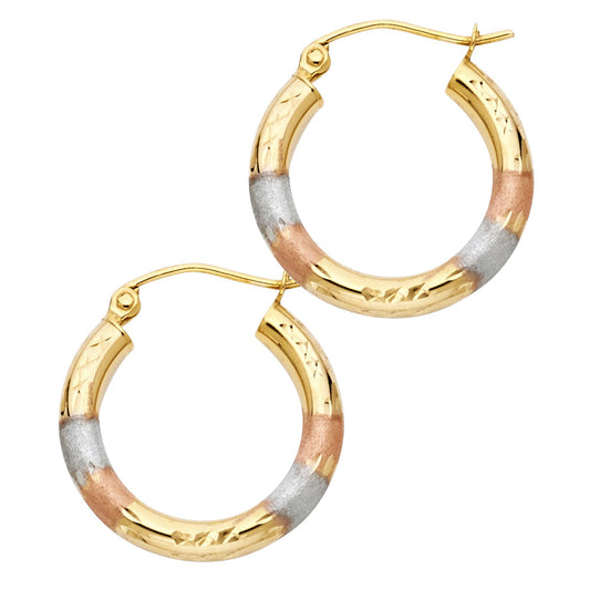 14k Tri-Color Gold Stripe Hoop High Polish Shiny Classic Hinge Earrings