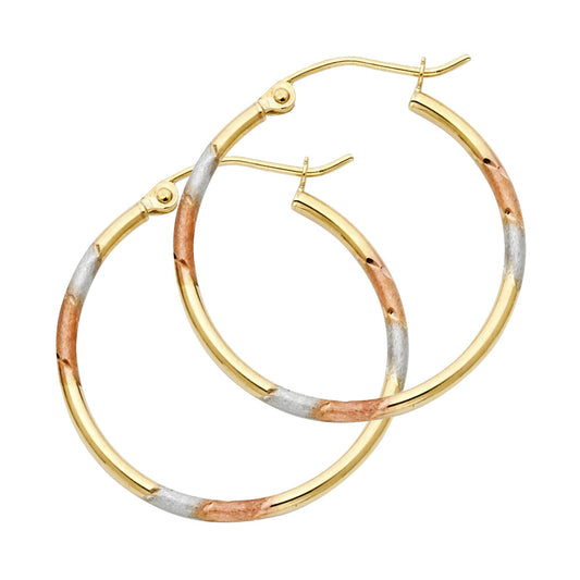 14k Tri-Color Gold Elegant Hoop High Polish Shiny Stripe Earrings