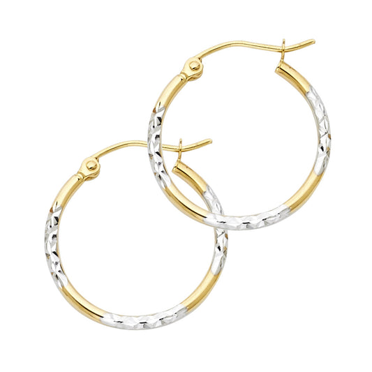 14k Two-Color Gold Hoop Diamond-Cut Stripe High Polish Shiny Earrings