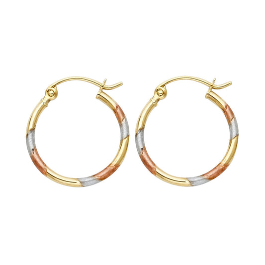 14k Tri-Color Gold Stripe Hoop High Polish Shiny Modern Spiral Earrings