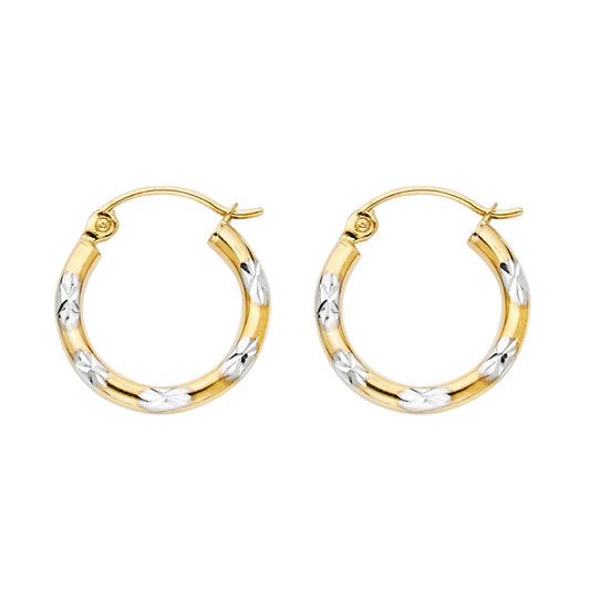 14k Two-Color Gold Modern Hoop Diamond-Cut Texture Stripe Star Earrings