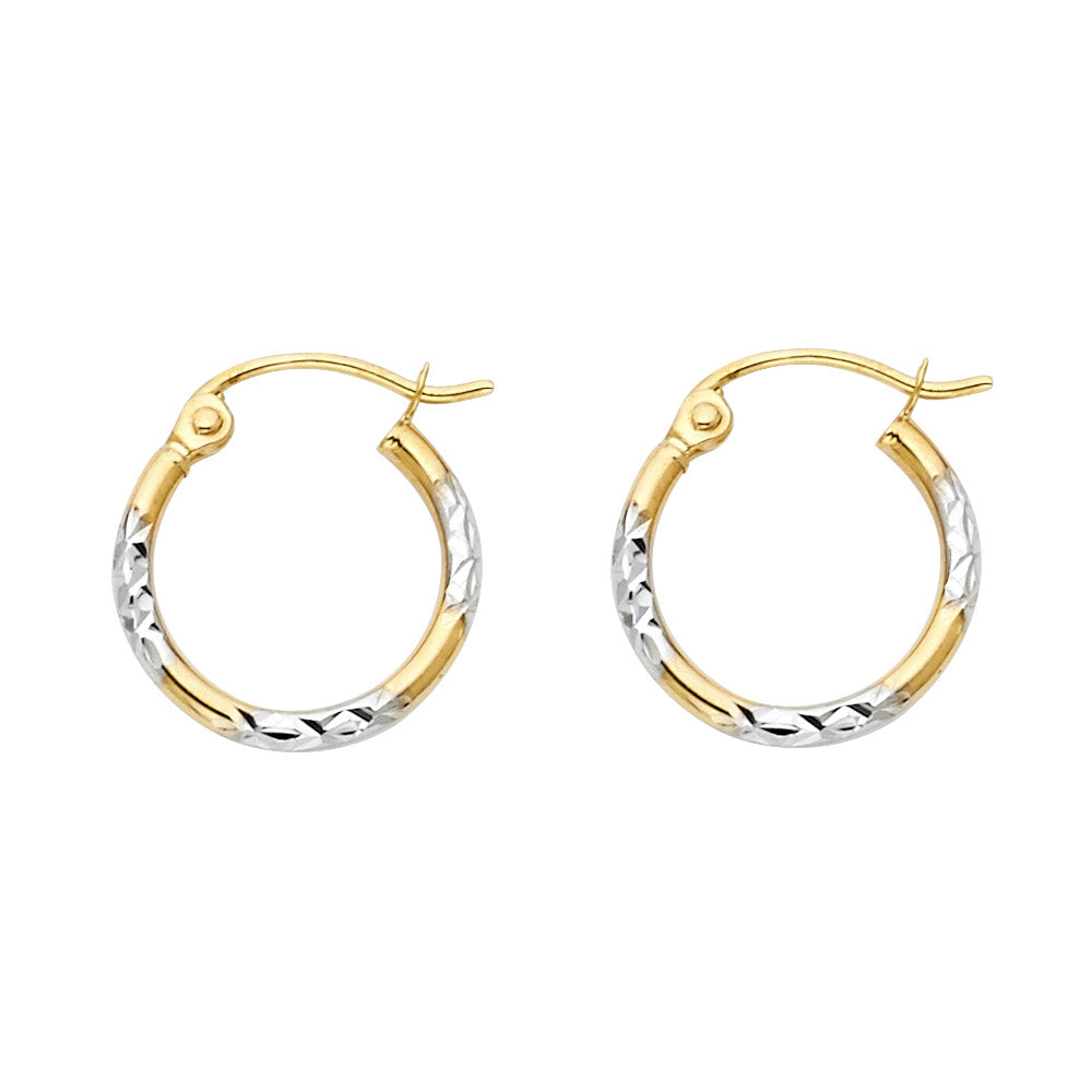 14k Two-Color Gold Stripe Hoop Diamond-Cut Texture Hinge Circle Round Earrings
