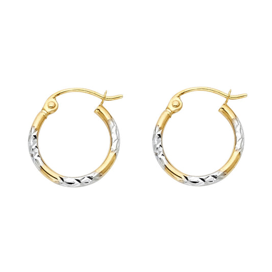 14k Two-Color Gold Stripe Hoop Diamond-Cut Texture Hinge Circle Round Earrings