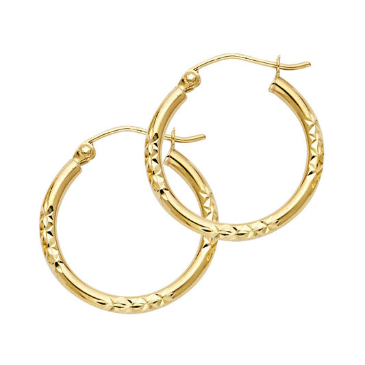 14k Yellow Gold Elegant Diamond-Cut Hoop High Polish Classic Simple Earrings