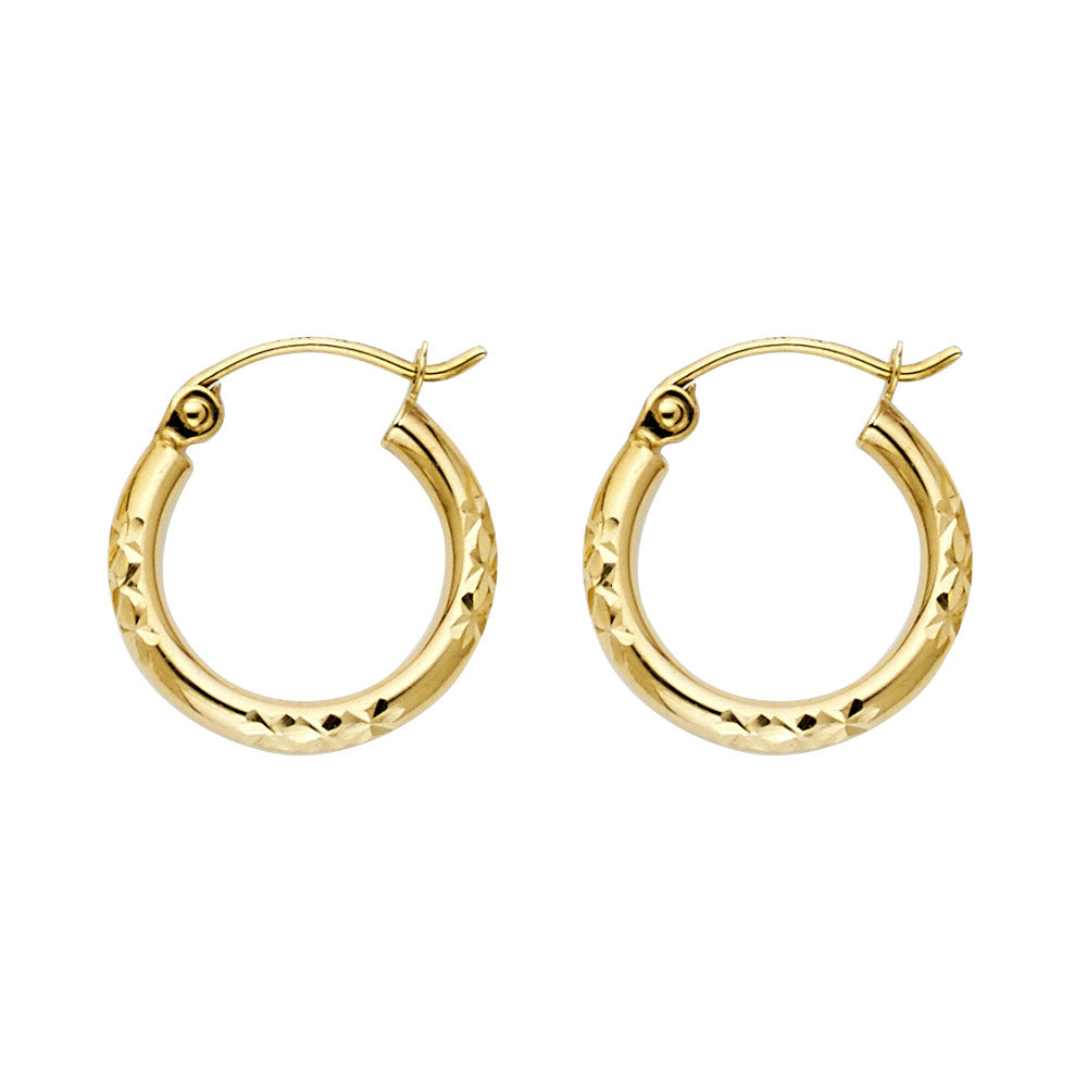 14k Yellow Gold High Polish Hoop Hinge Clasp Diamond-Cut Design Earrings