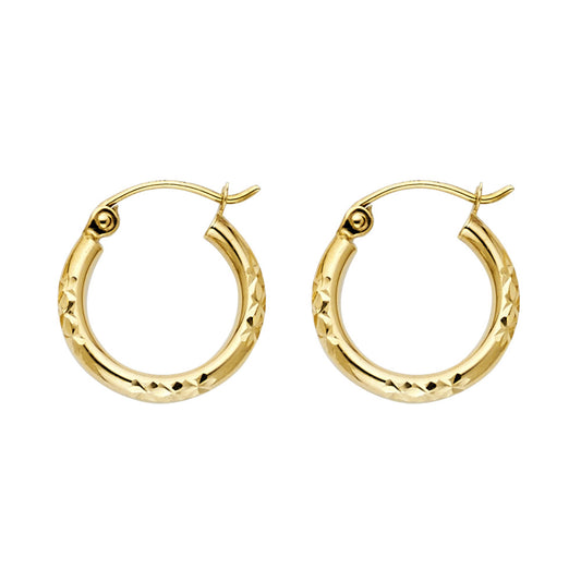 14k Yellow Gold High Polish Hoop Hinge Clasp Diamond-Cut Design Earrings