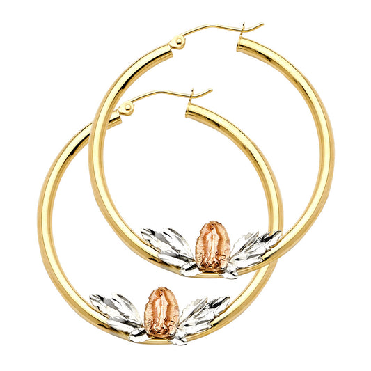 14k Tri-Color Gold Our Lady Guadalupe Hoop Elegant Circle Round Earrings
