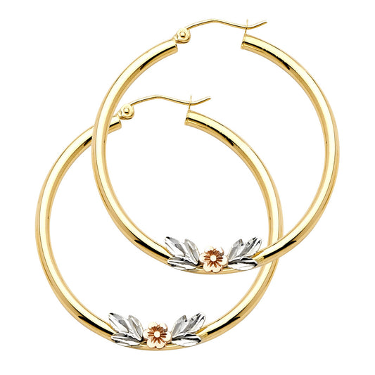 14k Tri-Color Gold Shiny Floral Hoop High Polish Leaf Flower Circle Earrings