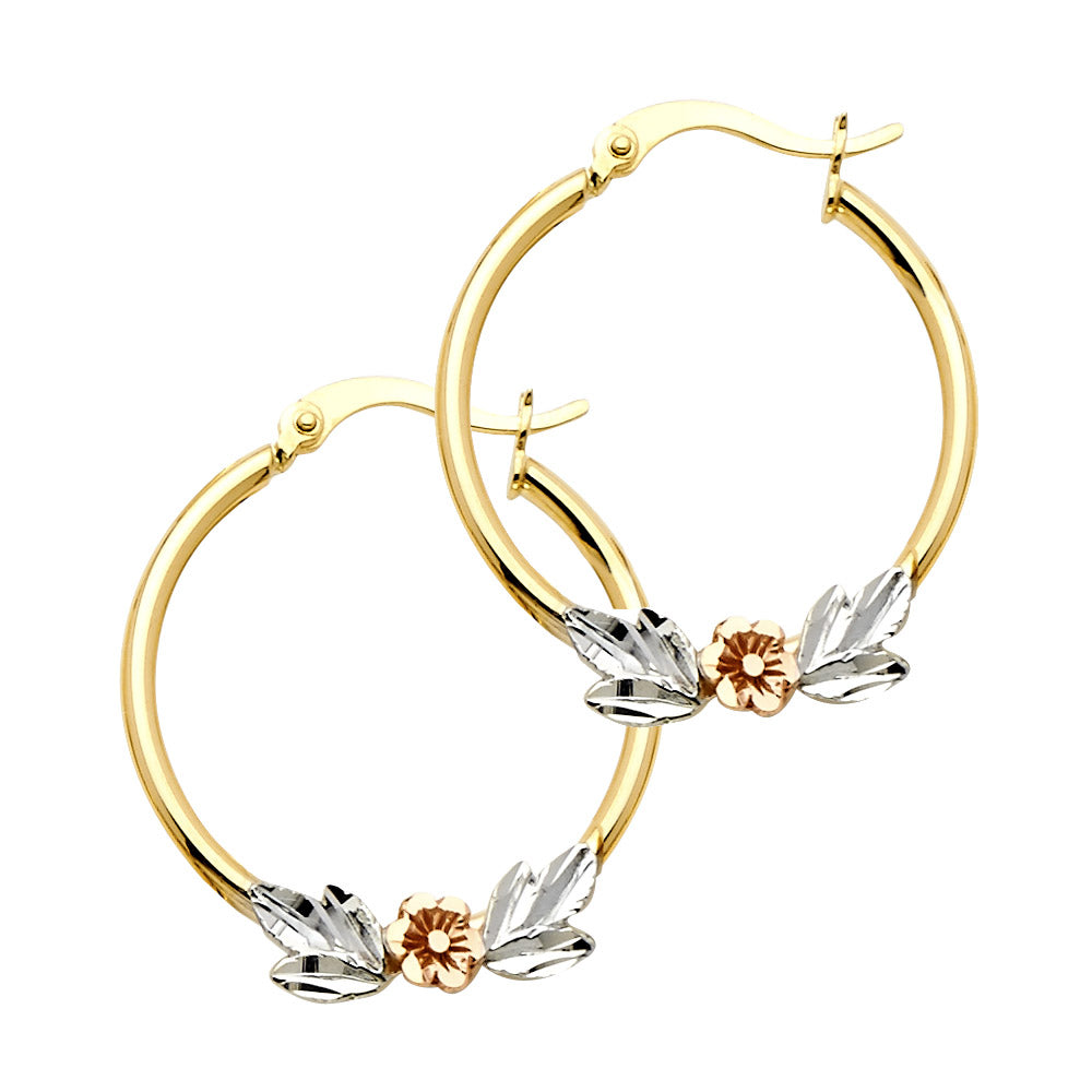14k Tri-Color Gold Shiny Flower Hoop Leaf Nature Circle Round Earrings