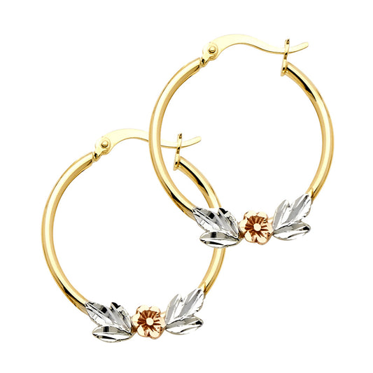 14k Tri-Color Gold Shiny Flower Hoop Leaf Nature Circle Round Earrings