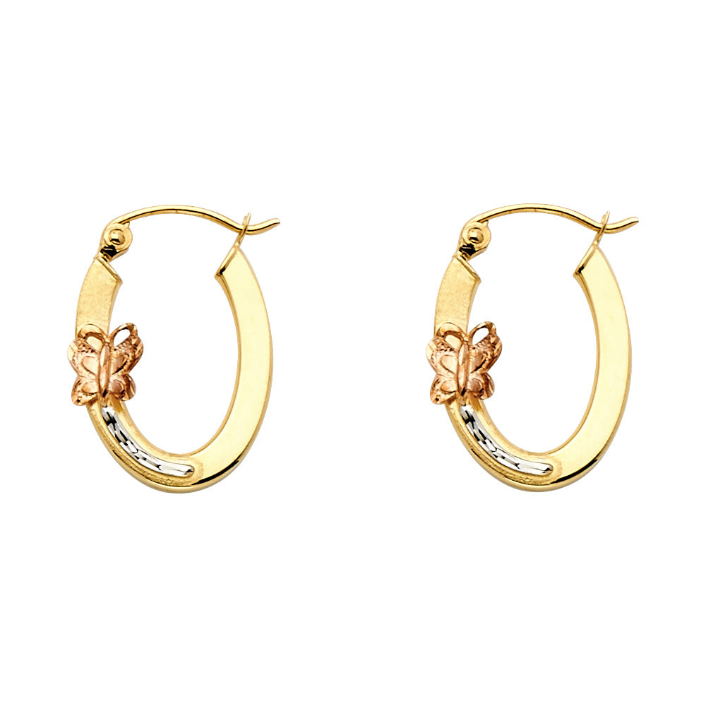 14k Tri-Color Gold High Polish Oval Hoop Butterfly Open Earrings