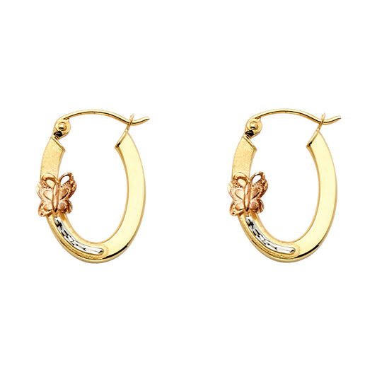 14k Tri-Color Gold High Polish Oval Hoop Butterfly Open Earrings