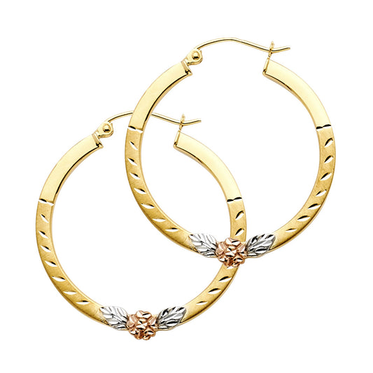 14k Tri-Color Gold Elegant Vintage Flower Hoop Diamond-Cut Leaf Earrings