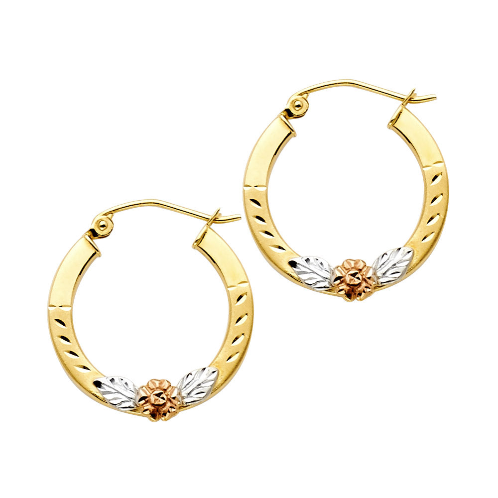 14k Tri-Color Gold Diamond-Cut Flower Hoop Circle Round Leaf Rose Earrings