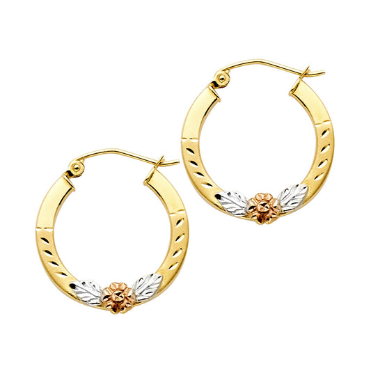 14k Tri-Color Gold Diamond-Cut Flower Hoop Circle Round Leaf Rose Earrings