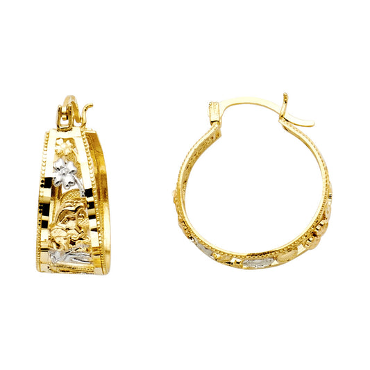 14k Tri-Color Gold Ornate Flower Hoop Hinge Clasp Vintage Earrings