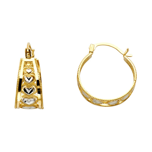 14k Two-Color Gold Ornate Vintage Heart Hoop Promise Love Hinge Clasp Earrings