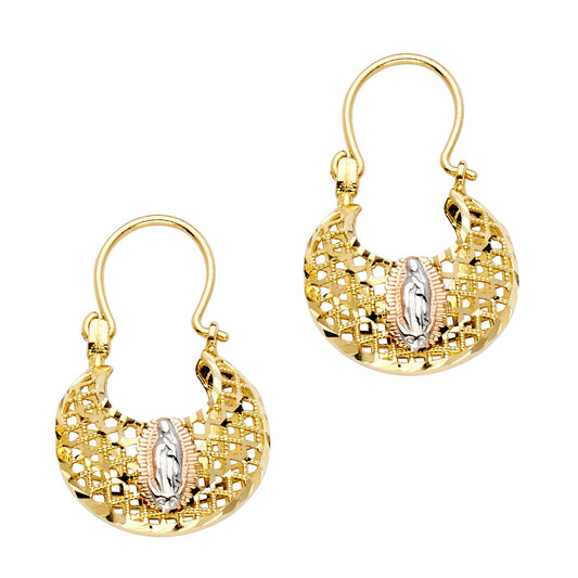 14k Tri-Color Gold Woven Purse Our Lady of Guadalupe Hanging Dangling Earrings