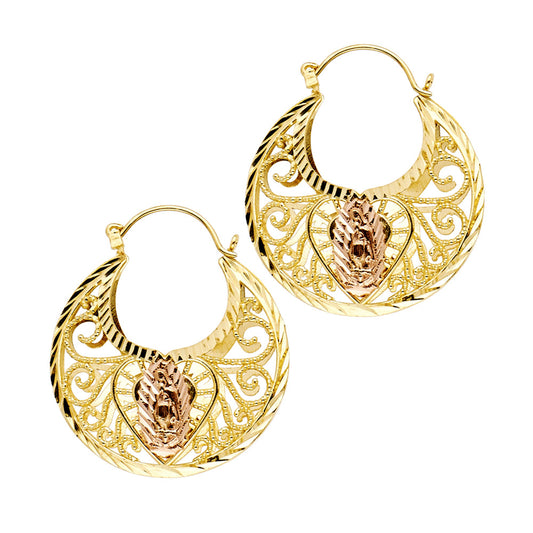 14k Tri-Color Gold Filigree Swirl Hoop Promise Heart Love Ornate Earrings
