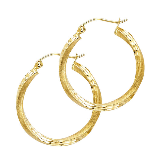 14k Yellow Gold Modern Hinge Hoop Diamond-Cut Texture Twist Circle Earrings