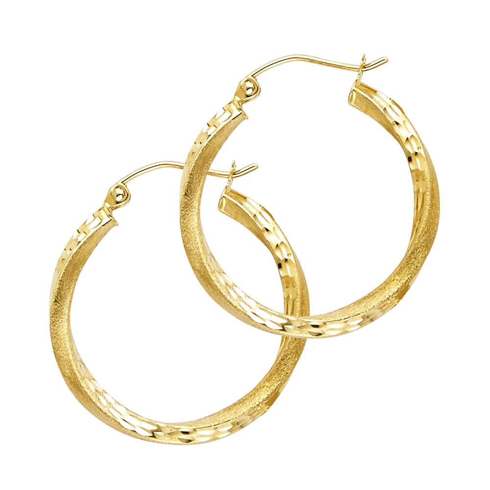 14k Yellow Gold Modern Hinge Hoop Diamond-Cut Texture Twist Circle Earrings