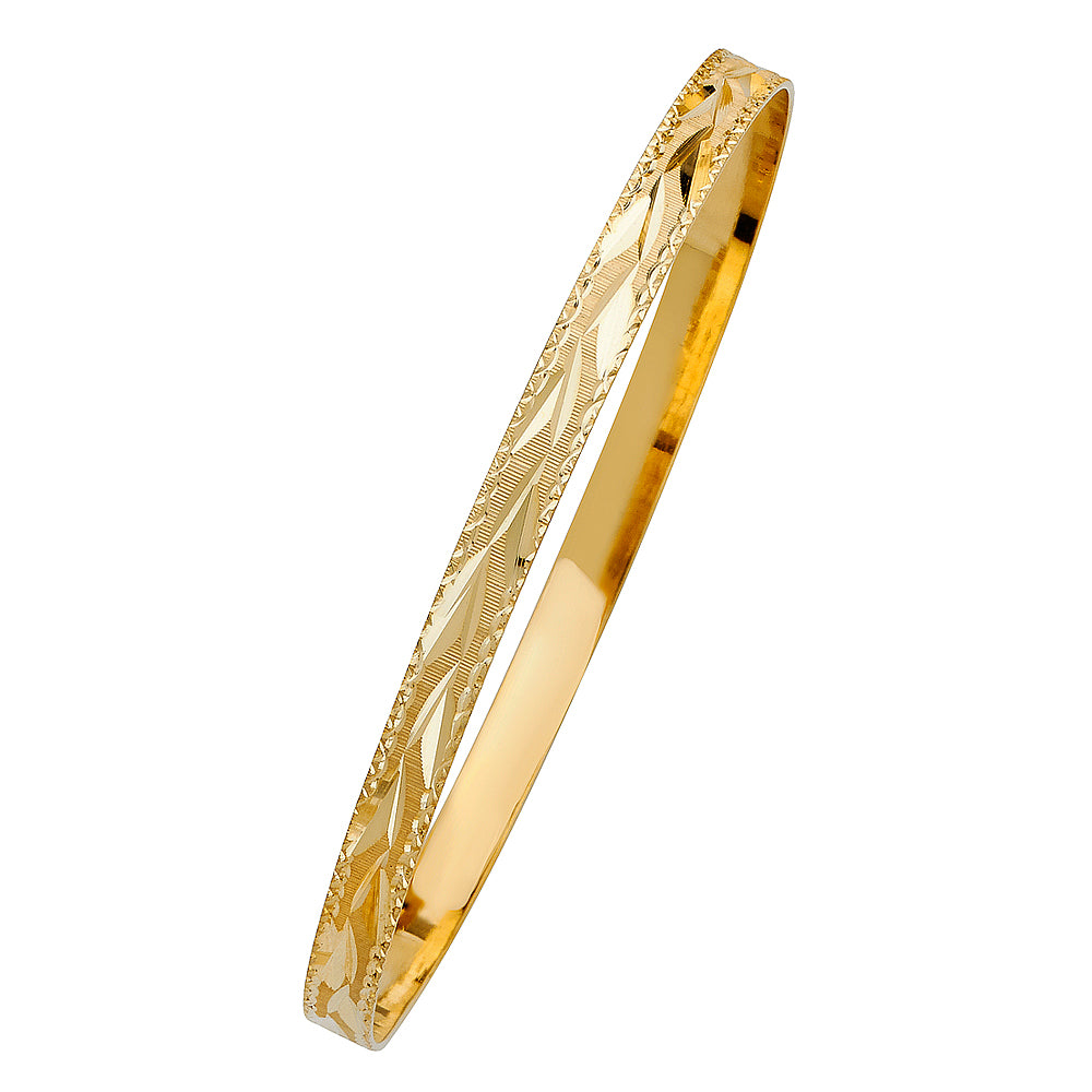 14k Yellow Gold 8" Fancy Diamond-Cut Bangle Bracelet 5mm Wide High Polished