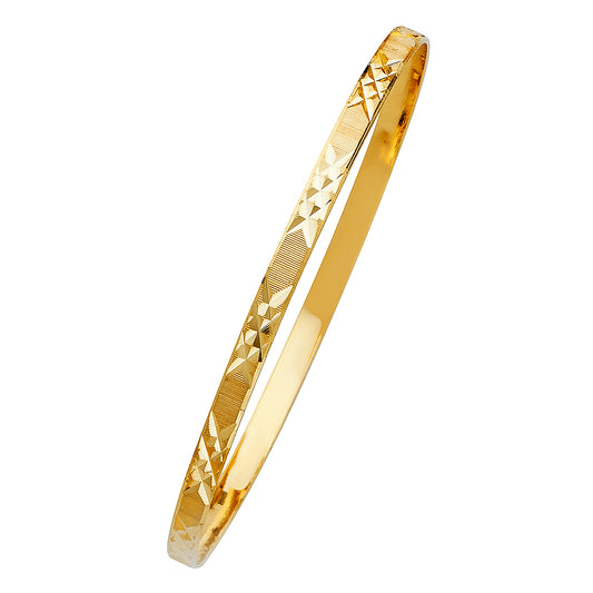 14k Yellow Gold 8" Fancy Diamond-Cut Bangle Bracelet 4mm Wide High Polished