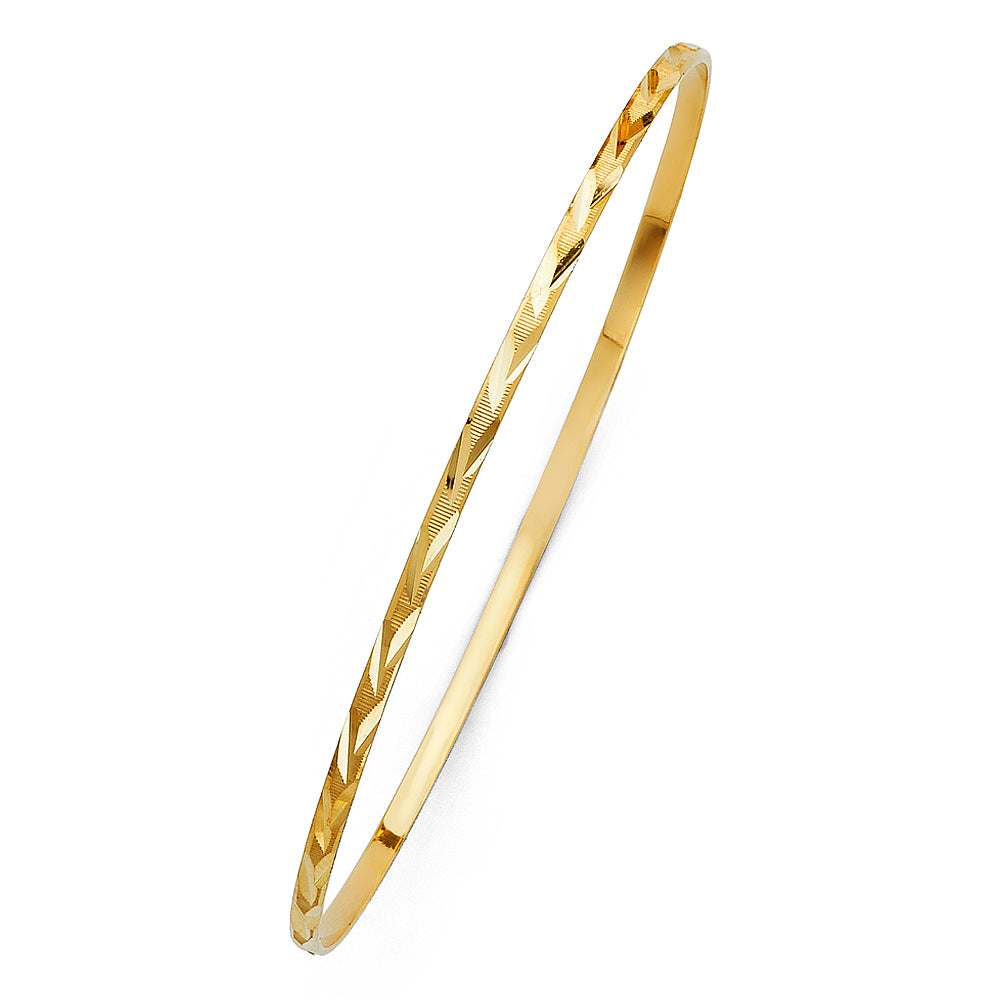 14k Yellow Gold 8" Fancy Diamond-Cut Bangle Bracelet 2mm Wide High Polished