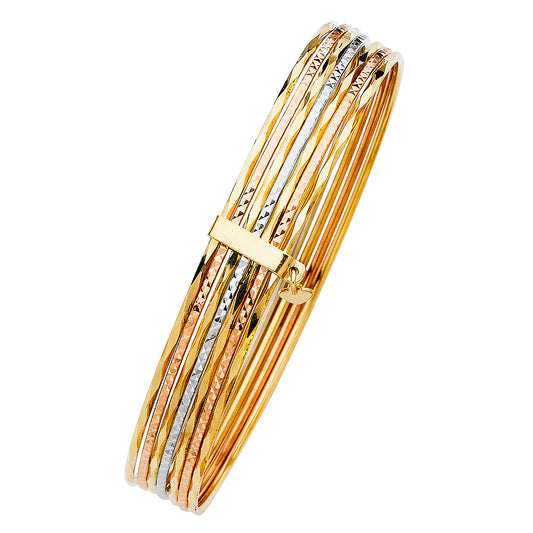 14k Yellow White Rose Gold 8" Fancy Bangle Bracelet 10mm Wide Tri Color