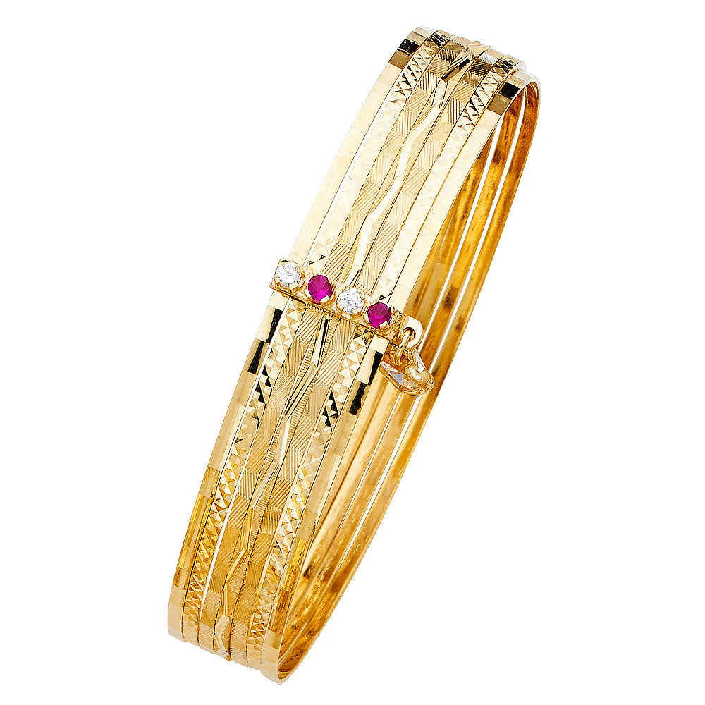 14k Yellow Gold 8" Fancy 7 Days Bangle Bracelet w/ Clear & Ruby CZ 13mm Wide