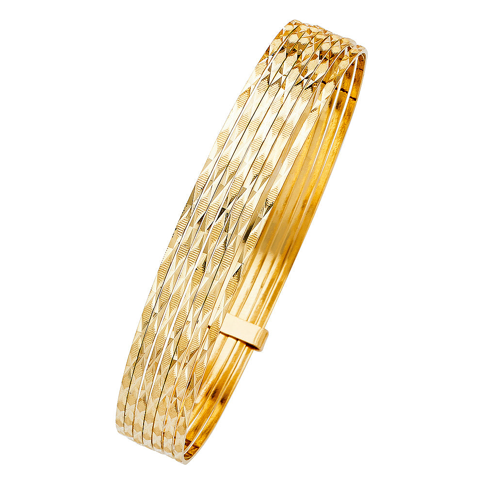 14k Yellow Gold 8" Fancy 7 Days Bangle Bracelet Diamond-Cut 11mm Wide Polished