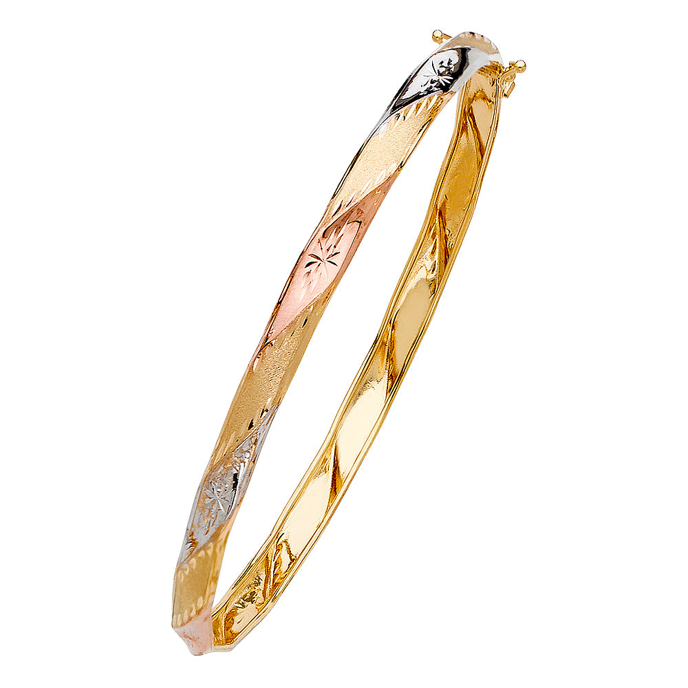 14k Yellow Rose White Tri Color Gold 7.5" Fancy Flexible Bangle Bracelet