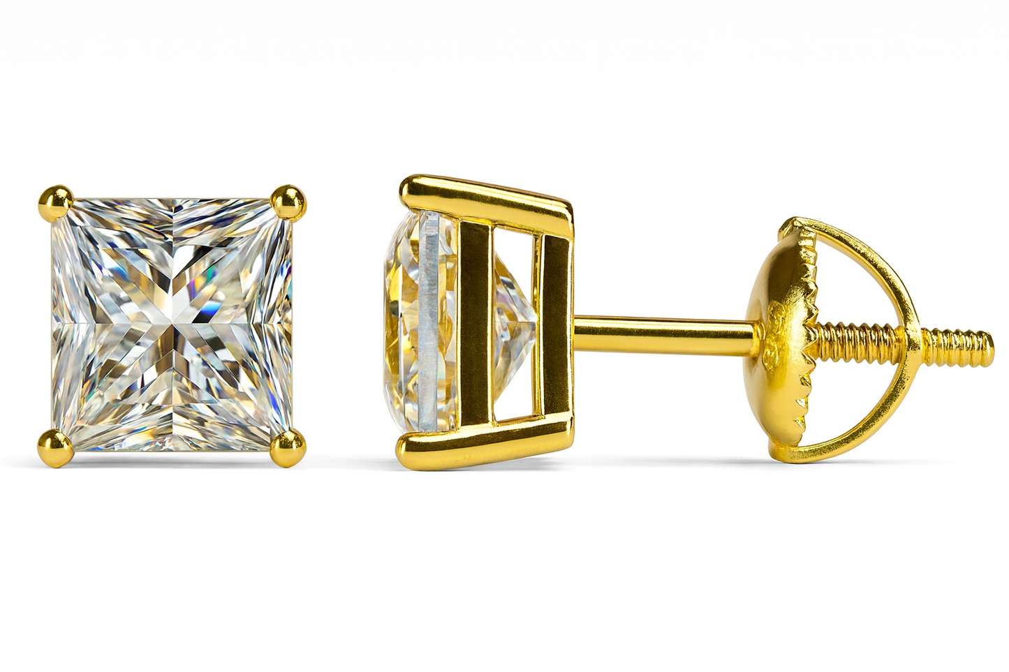 Gold Over Sterling Silver VVS1 Moissanite Stud Square Screw Back 0.5 ct Earrings