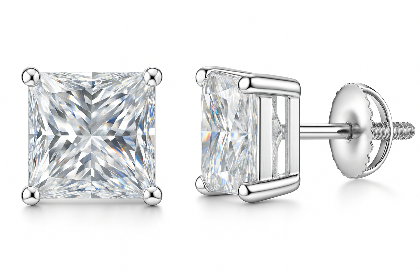 Sterling Silver VVS1 Moissanite Stud Square Solitaire Screw Back 0.5 ct Earrings