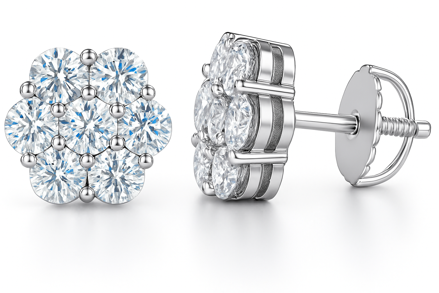 Sterling Silver VVS1 Moissanite Stud Flower Screw Back 0.56 ct Solid 925 Earrings