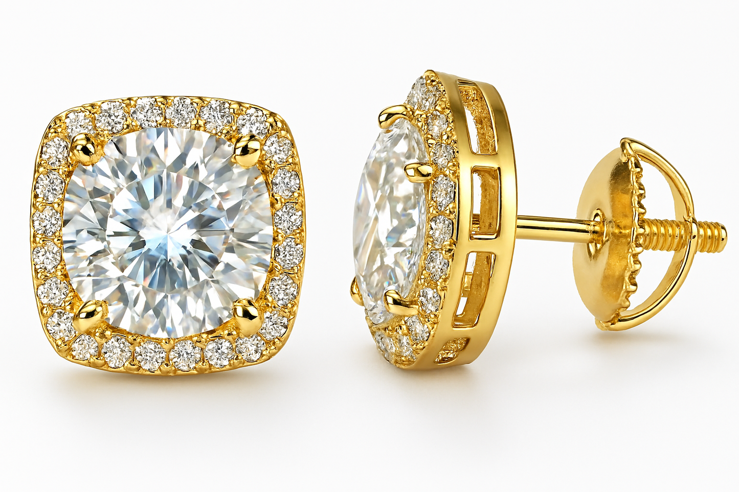 Gold Over Sterling Silver VVS1 Moissanite Stud Halo Screw Back 0.75 ct Earrings