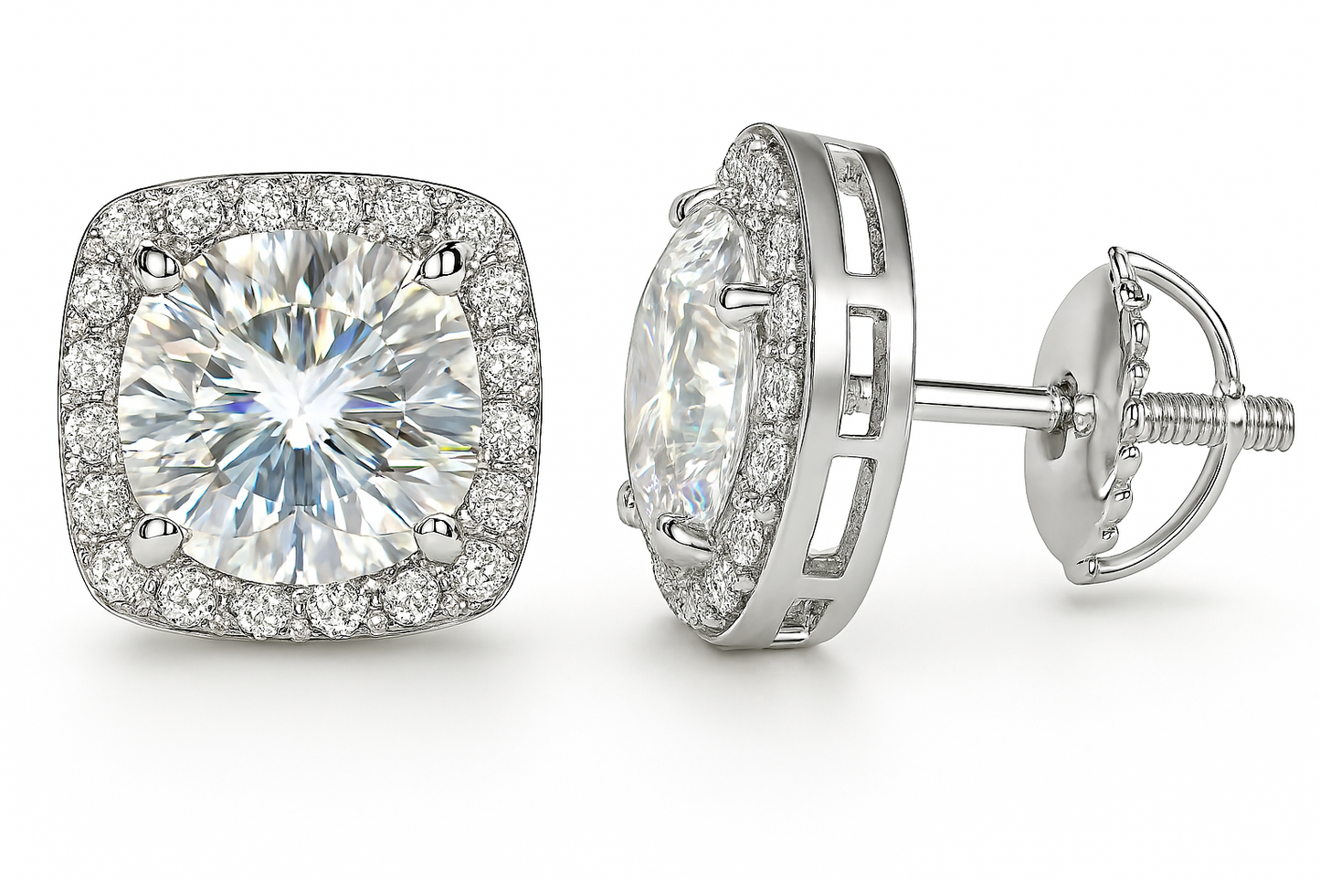 Sterling Silver VVS1 Moissanite Stud Square Halo Screw Back 0.75 ct 925 Earrings