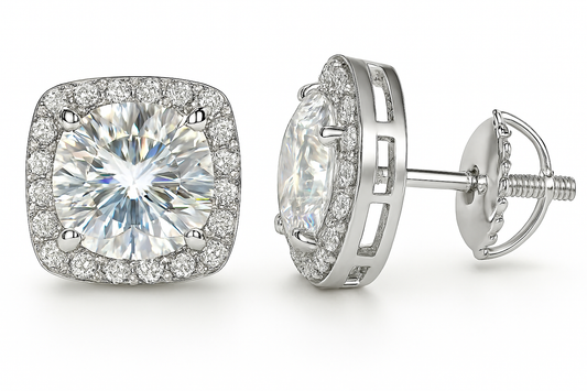 Sterling Silver VVS1 Moissanite Stud Round Square Halo Screw Back 1.5ct Earrings