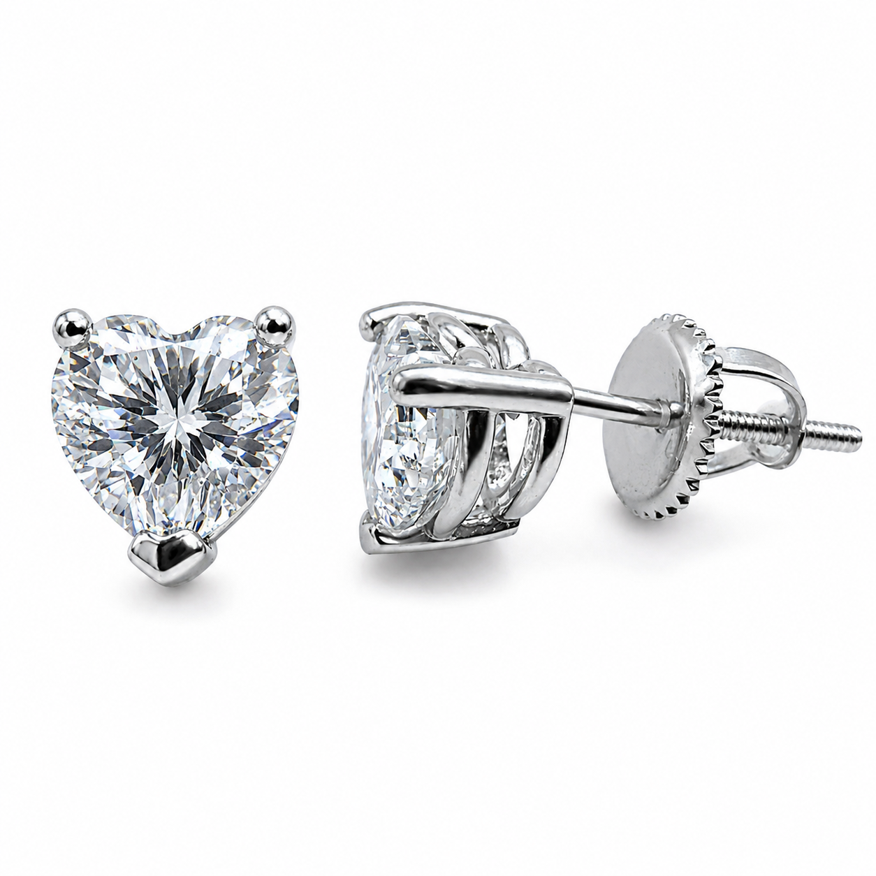 Sterling Silver VVS1 Moissanite Stud Heart Solitaire Screw Back 2 ct Earrings