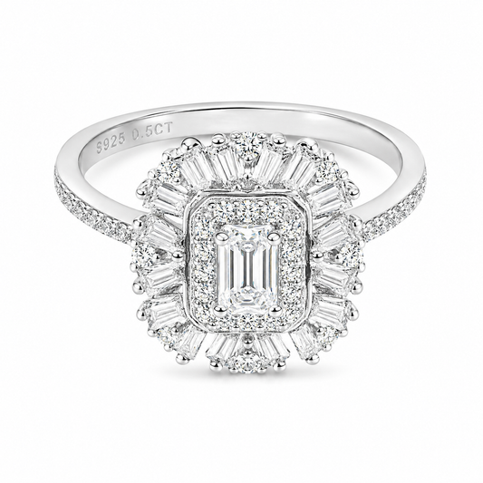Sterling Silver 0.5 ct Emerald Moissanite VVS1 Flower Wedding Engagement Ring