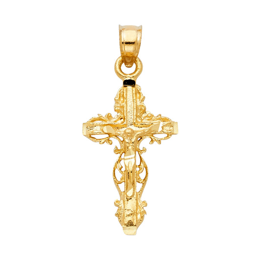 14k Yellow Gold 3D Vatican City Inspired Crucifix Pendant Diamond-Cut Charm
