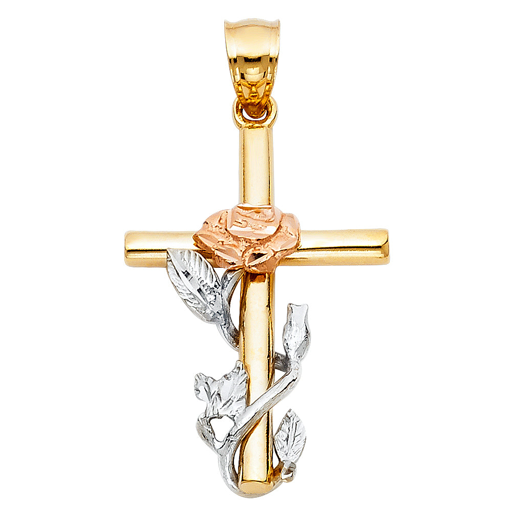 14k Tri-Color Gold 3D Precision-Cut Beautiful Rose Cross Pendant Christian Charm