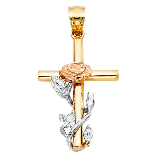 14k Tri-Color Gold 3D Precision-Cut Beautiful Rose Cross Pendant Christian Charm