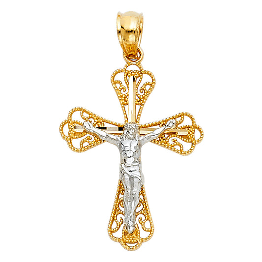 14k Two-Color Gold 3D Elegant Cross Crucifix Pendant Vintage Filigree Charm