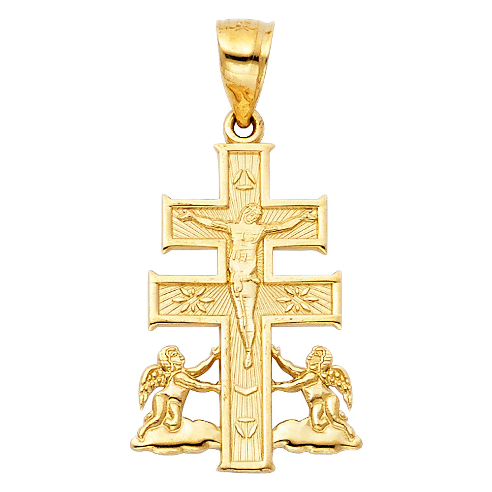 14k Yellow Gold Caravaca Crucifix Pendant Cross Catholic Angels Prayer Charm